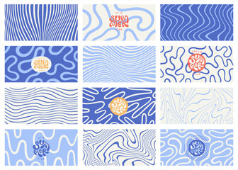 Sea ripples funky groovy water waves summer 1:2 backgrounds banners set. Uneven deformed hand drawn blue wavy organic doodle winding lines, stripes rectangle patterns. Hello it's summer hand lettering
