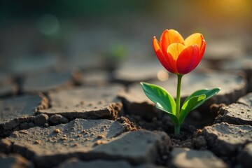 Obraz premium A symbolic image depicting a single, vibrant flower pushing through cracked earth, representing rebirth and renewal; a powerful visual metaphor for resurrection , change, cycle of life, nature
