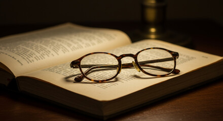 A pair of classic reading glasses resting on an open book with a warm vintage lamp light ambiance. 