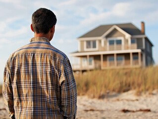 Contemplative man gazing at rustic beach house.