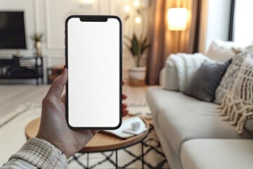 Clear Pixel Visual of Hand Holding Mobile Phone Living Room Background