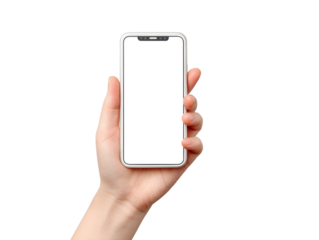 A hand holding a white cell phone