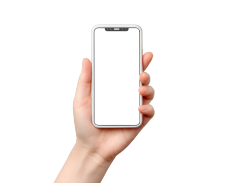 A hand holding a white cell phone