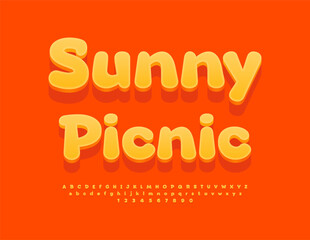 Vector Funny flyer Sunny Picnic. Cute Orange Font. Comic Round 3D Alphabet Letters and Numbers set.