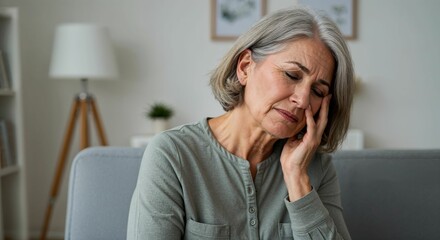 Senior caucasian woman experiencing ear pain at home, sitting on couch with hand on face and closed eyes, showing discomfort in indoor environment.
