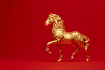 Golden horse on red background, Chinese New Year concept	