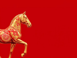 Golden horse on red background, Chinese New Year concept	