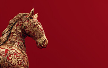 Golden horse on red background, Chinese New Year concept	
