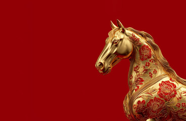 Golden horse on red background, Chinese New Year concept	