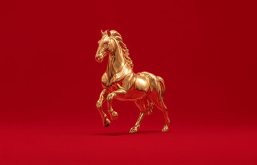 Golden horse on red background, Chinese New Year concept	