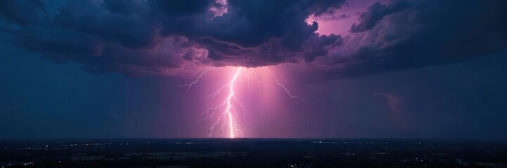 Dramatic overhead shot of a powerful lightning bolt striking a dark stormy landscape, illuminating the clouds and ground with intense light , illumination, wild, electricity