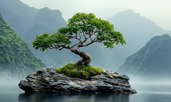 Serene bonsai tree on a rock in a misty lake, surrounded by mountains.