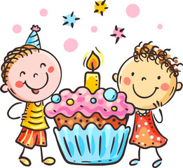 Kids birthday clipart. Happy little children with birthday cake