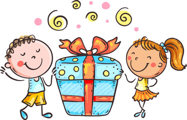 Cute little children with gift box, isolated illustration