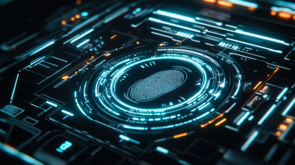 Futuristic fingerprint scan interface displayed on a high-tech digital screen in a cybernetic environment