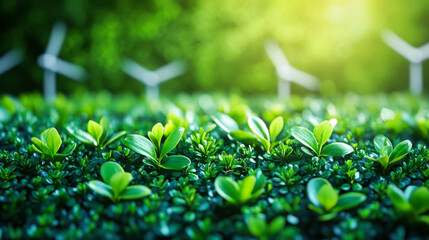 Fresh green sprouts thrive in an eco-friendly landscape with wind turbines under soft sunlight in the background