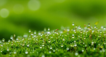 Close-up of dewdrops on green moss with soft bokeh background