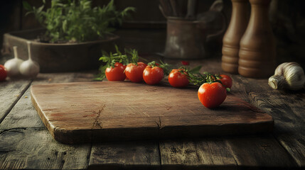 Rustic Wooden Cutting Board with Tomatoes and Garlic