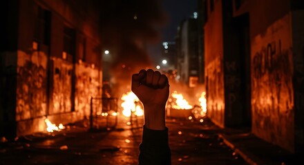 Fist of defiance raised amidst urban unrest and fiery chaos