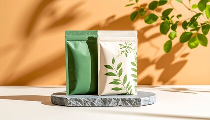 Minimal tea pouch packaging with moringa leaf and subtle batik pattern