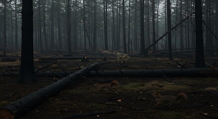 Misty Forest After a Fire A Lone Animal in the Ashes