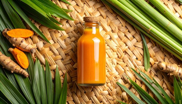 Photorealistic glass bottle of Indonesian jamu herbal drink on woven bamboo