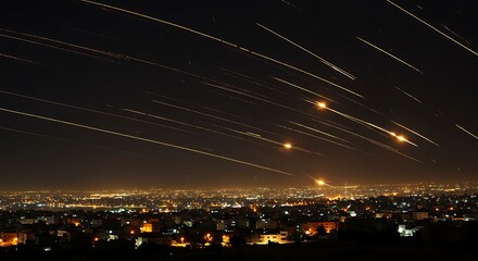 Nighttime Cityscape with Trailing Lights of Explosions or Fireworks