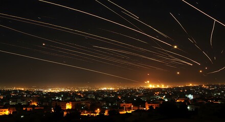 Night Sky Illuminated by Streaking Lights of Missiles over Cityscape