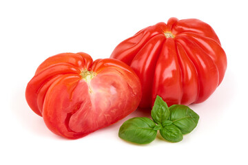 Tomato Heirloom, Sliced, Basil, Fresh, Red, White Background
