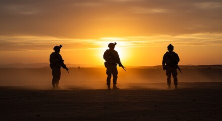 Silhouetted Soldiers at Sunset in Desert Landscape