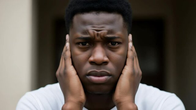 African american man covering ears. Portrait of black guy with hands on head. Noise sensitivity, autism awareness day concept. Footage