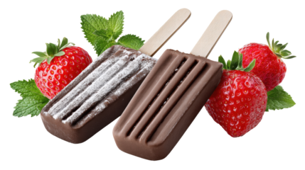 Chocolate popsicle isolated on transparent background with fresh strawberry and mint leaf