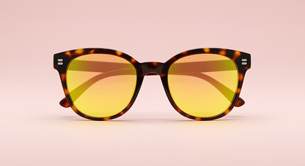Stylish tortoiseshell sunglasses with yellow tinted lenses against a soft pink background