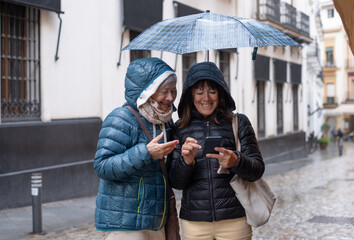 Joyful friendship in the rain. Two elderly women taking sightseeing tour and checking the right direction on their cell phones, standing under an umbrella