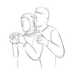 One continuous line drawing on white isolated background. Minimalism linear illustration. man, husband, smiling, woman, pregnant, islam, muslim, positive, pregnancy, result, pregnancy test