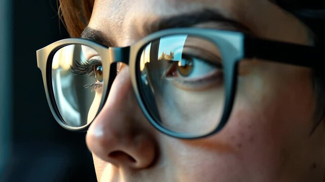 Young woman wearing glasses is looking through window, reflecting light