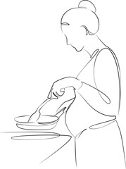 One continuous line drawing on white isolated background. Minimalism linear illustration. indoor, mother, cooking, food, stove, kitchen, pregnant, motherhood, happiness