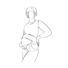 One continuous line drawing on white isolated background. Minimalism linear illustration. mother, woman, support, bandage, corset, pregnant, abdomen, belt, care, medicine