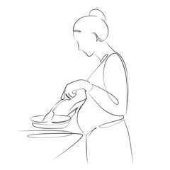 One continuous line drawing on white isolated background. Minimalism linear illustration. indoor, mother, cooking, food, stove, kitchen, pregnant, motherhood, happiness