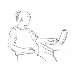 Naklejka premium One continuous line drawing on white isolated background. Minimalism linear illustration. computer, pregnant, woman, office, sitting, business, working, person, businesswoman, desk