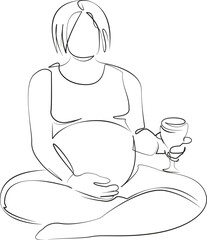 One continuous line drawing on white isolated background. Minimalism linear illustration. woman, wine, pregnant, drinking, indoor, risk, lifestyle, choice