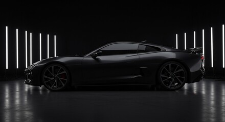Sleek Black Sports Car Studio Shot with Dramatic Lighting