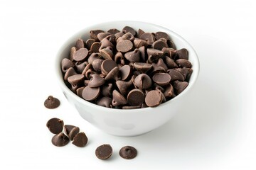 Flawless Image of Chocolate Chips in a Bowl, Isolated on White Background