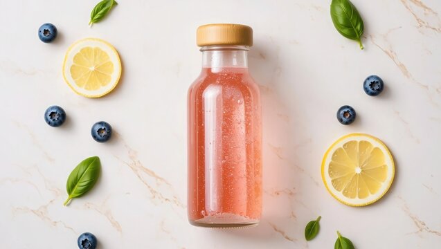 Pink Lemonade Blueberry Drink Bottle Marble Background - Powered by Adobe