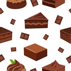 Seamless chocolate dessert pattern vector on white background – cream cupcakes, chocolate pieces and cake slices. Perfect for Chocolate Day, textile prints, packaging, kids design and bakery decor