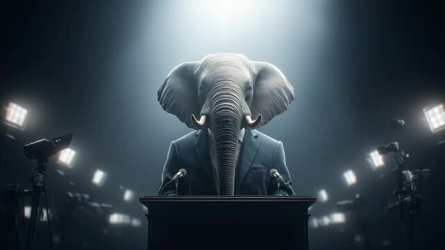 Elefant in Anzug spricht bei politischer Rede am Wahlpult. K&uuml;nstliche Intelligenz KI