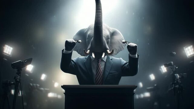 Elefant in Anzug spricht bei politischer Rede am Wahlpult. K&uuml;nstliche Intelligenz KI