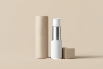 Minimalist product shot of a white lip balm in a kraft tube, next to its packaging on a neutral background