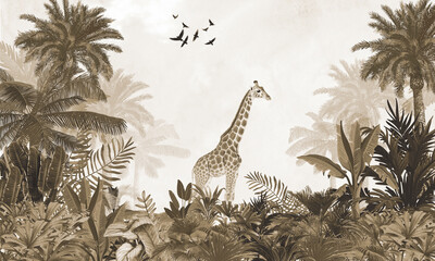 Aged Wildlife Wall Mural: Faded Sepia Giraffe, Lion & Tropical Forest Background © csinie1