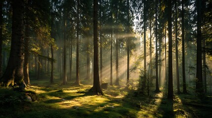 Obraz premium A serene forest with rays of golden light breaking through the thick trees, casting shadows on the forest floor. .